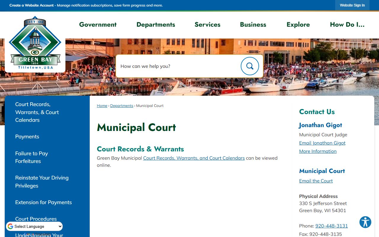 Green Bay Court Docket main municipal court page