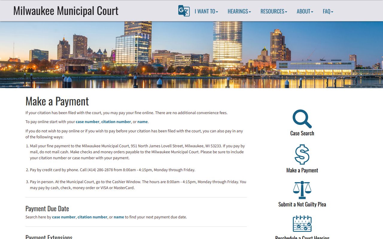 Milwaukee County Court Docket municipal payment page