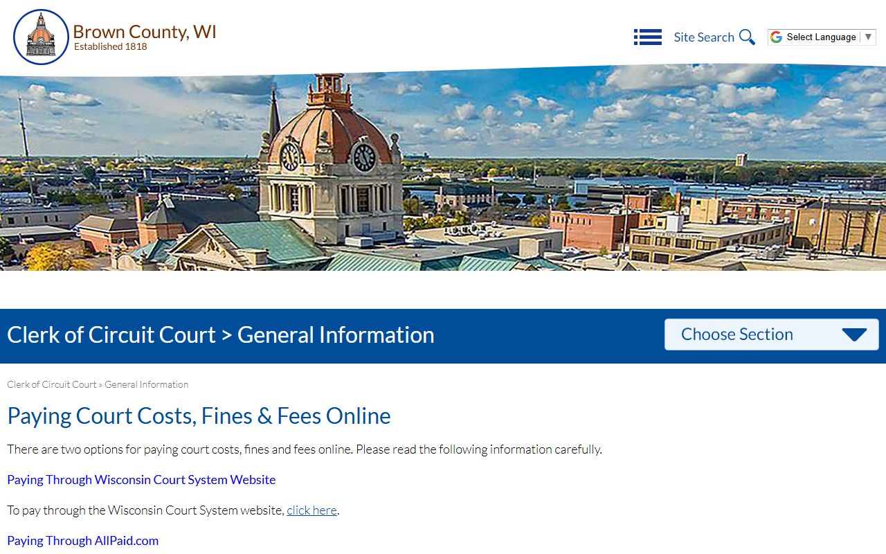 Brown County Court Docket online payments page