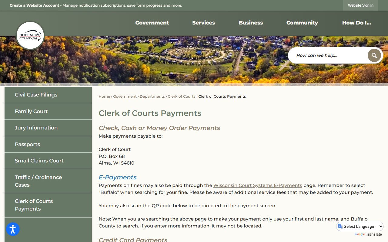 Buffalo County Court Docket clerk of courts payments page