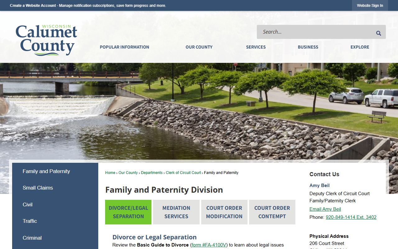 Calumet County Court Docket family and paternity page