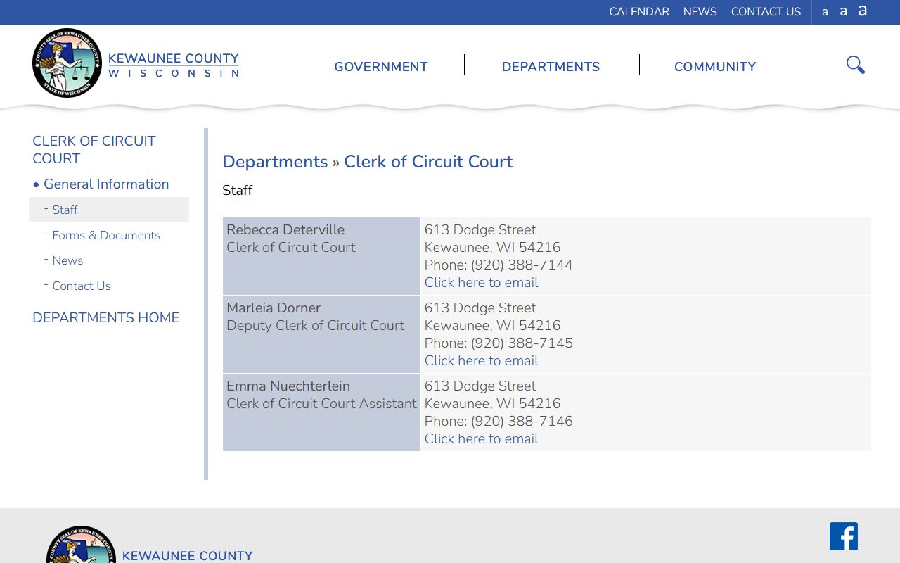 Kewaunee County Court Docket clerk staff image
