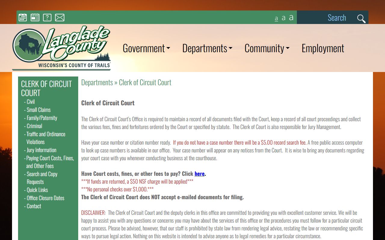 Langlade County Court Docket clerk of circuit court image