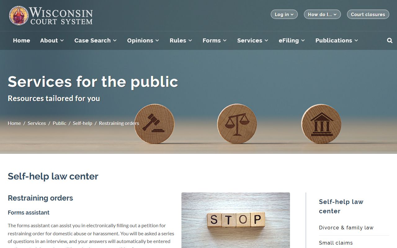 Wisconsin Court Docket restraining order forms resource